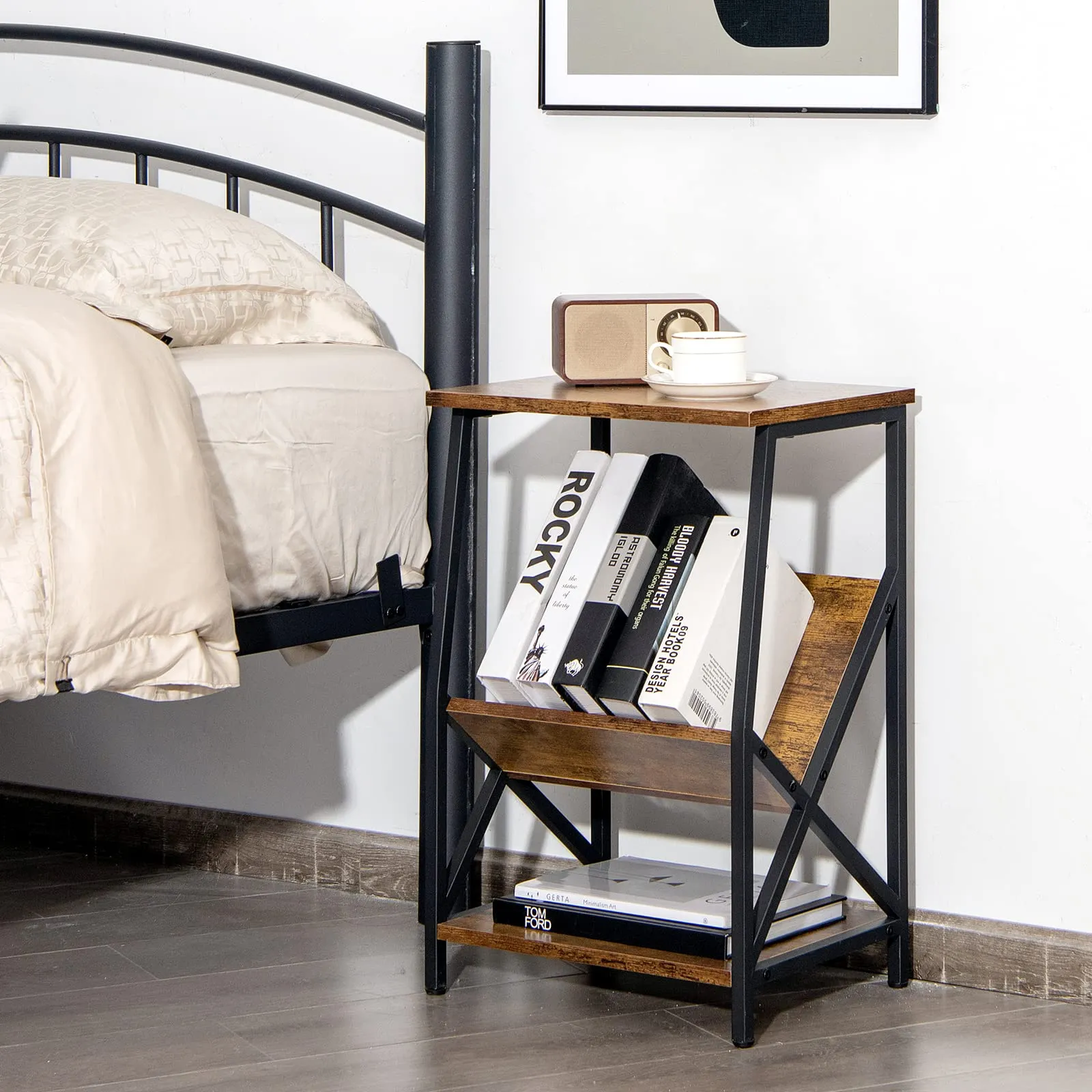 3-Tier Accent End Table with Book Record Shelve