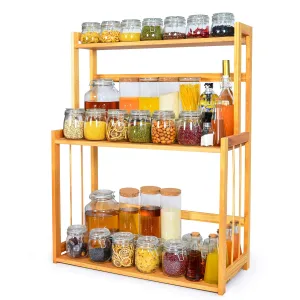 3-Tier Spice Rack Kitchen Bathroom Countertop Storage Organizer Rack, Bamboo Spice Bottle Jars Rack Holder with Adjustable Shelf,100% Natrual Bamboo