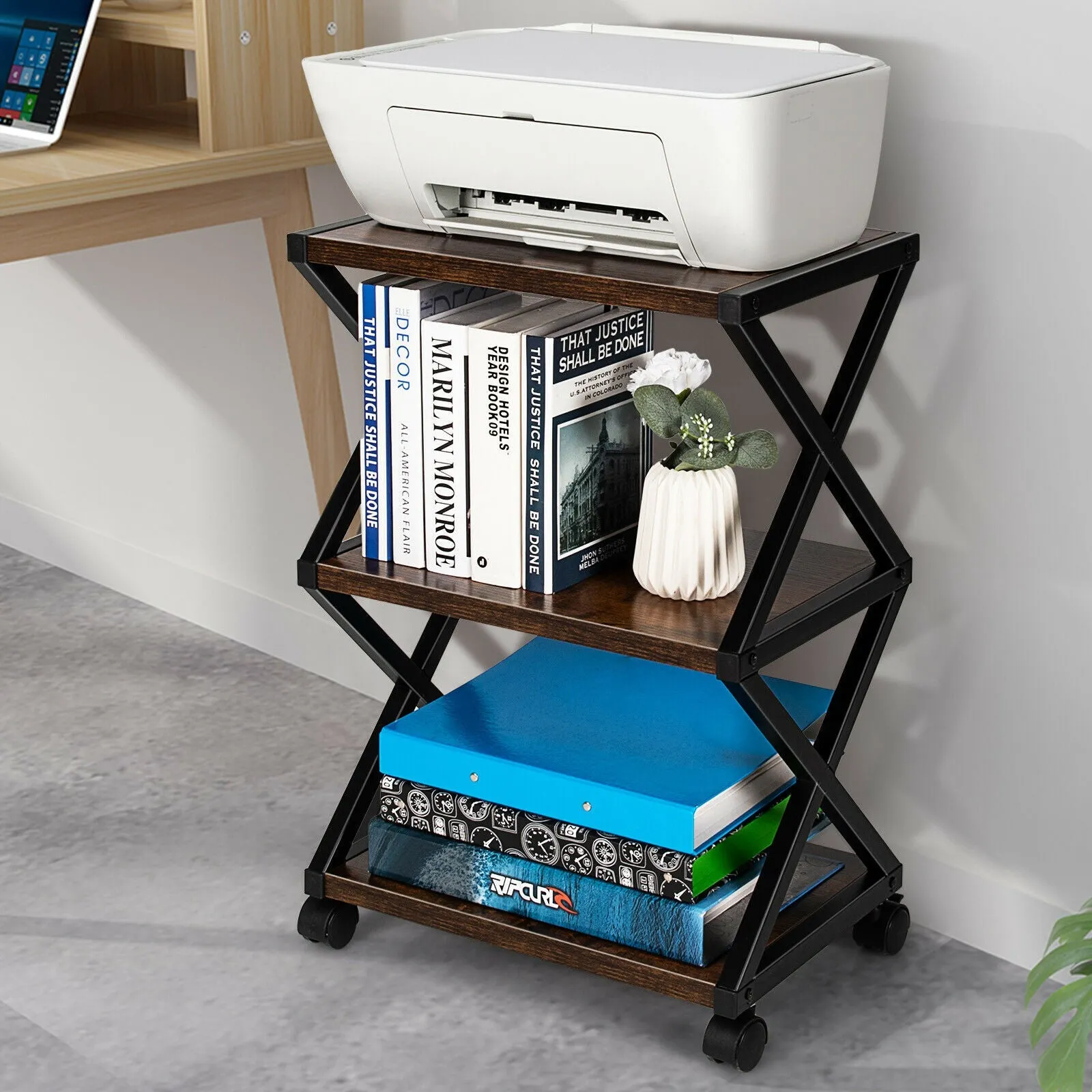 3-tier X-Shaped Rolling Printer Stand Shelf-Brown