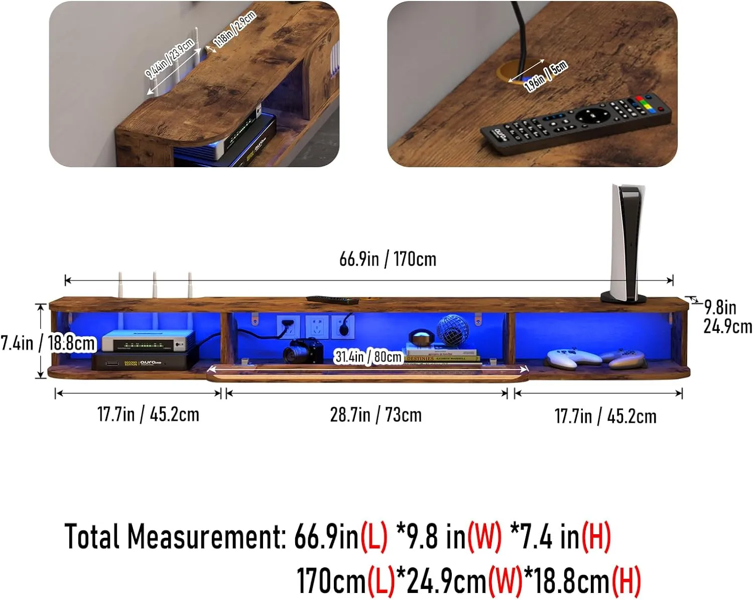 67" Eclaire Floating TV Stand, Rustic Brown