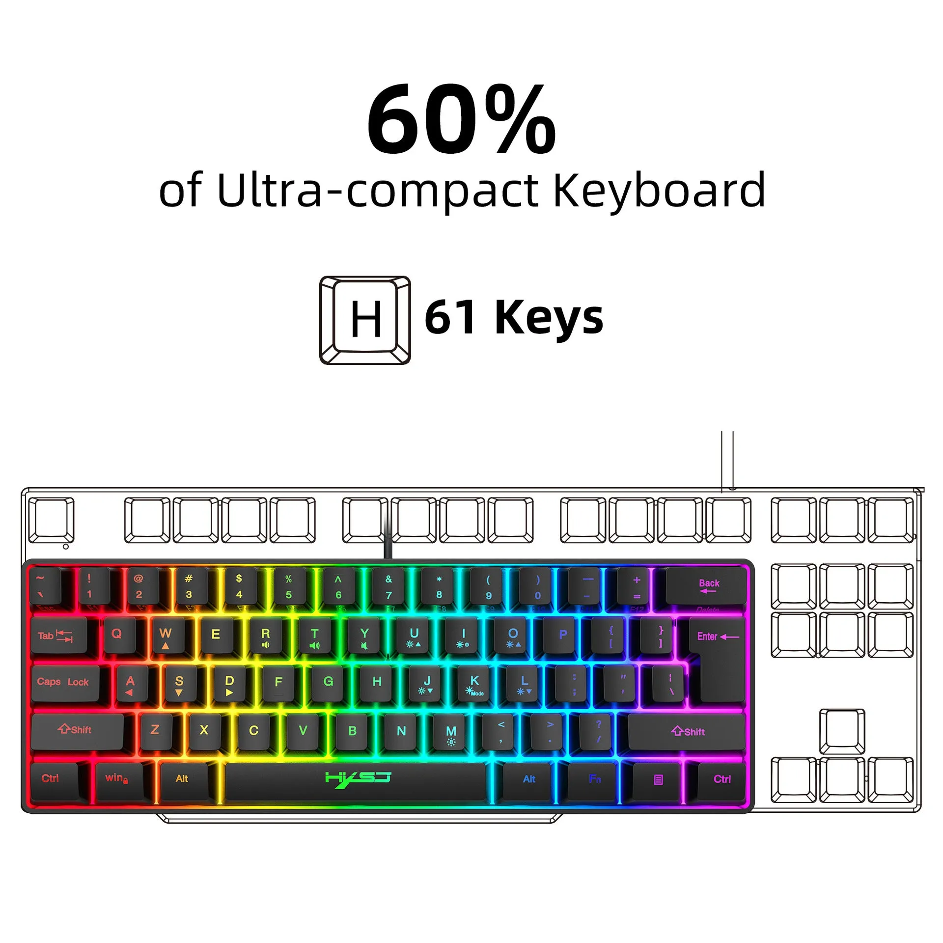 Anti-ghosting Ultra Compact 61 Keys Wired Membrane Keyboard with RGB Backlit for Windows/Mac