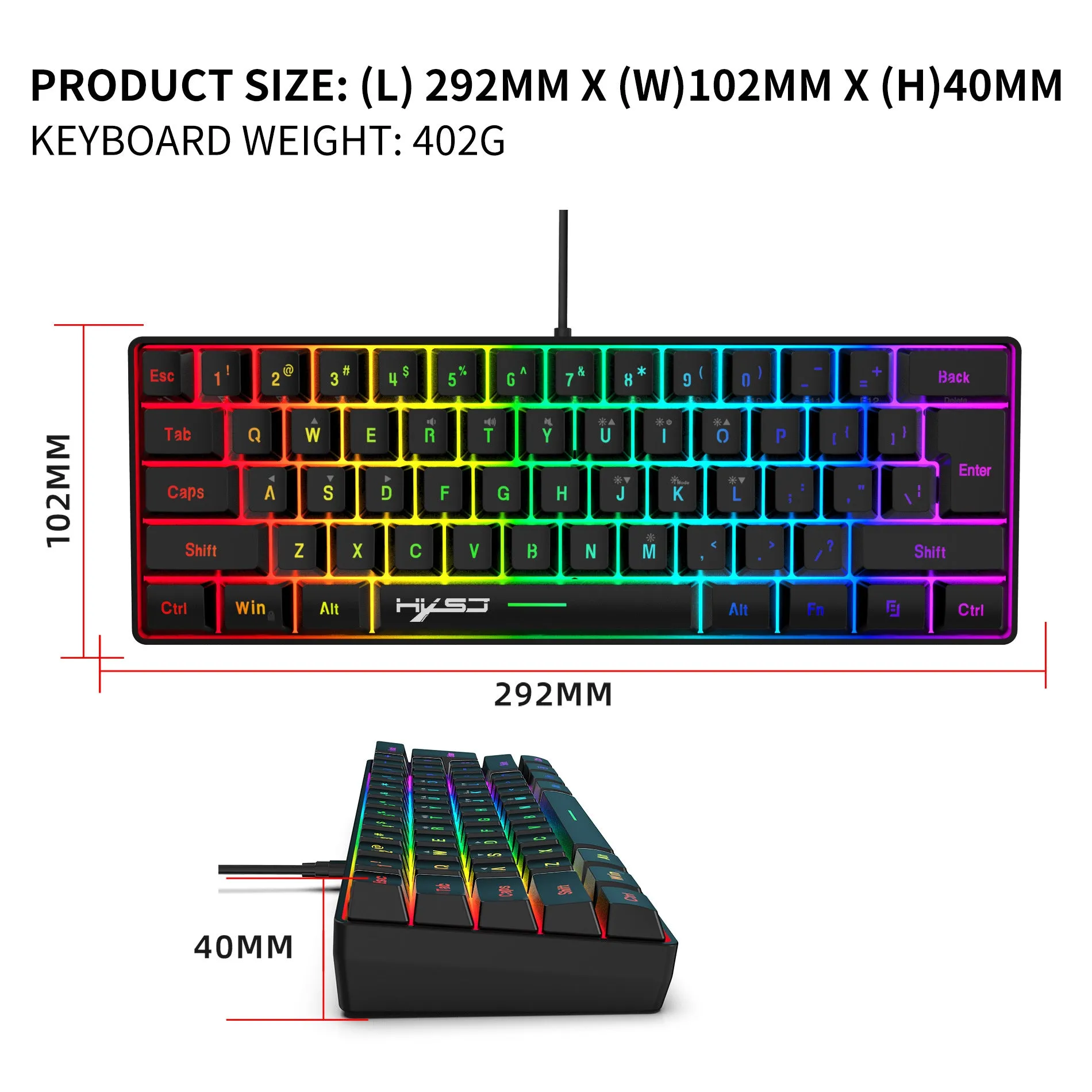 Anti-ghosting Ultra Compact 61 Keys Wired Membrane Keyboard with RGB Backlit for Windows/Mac