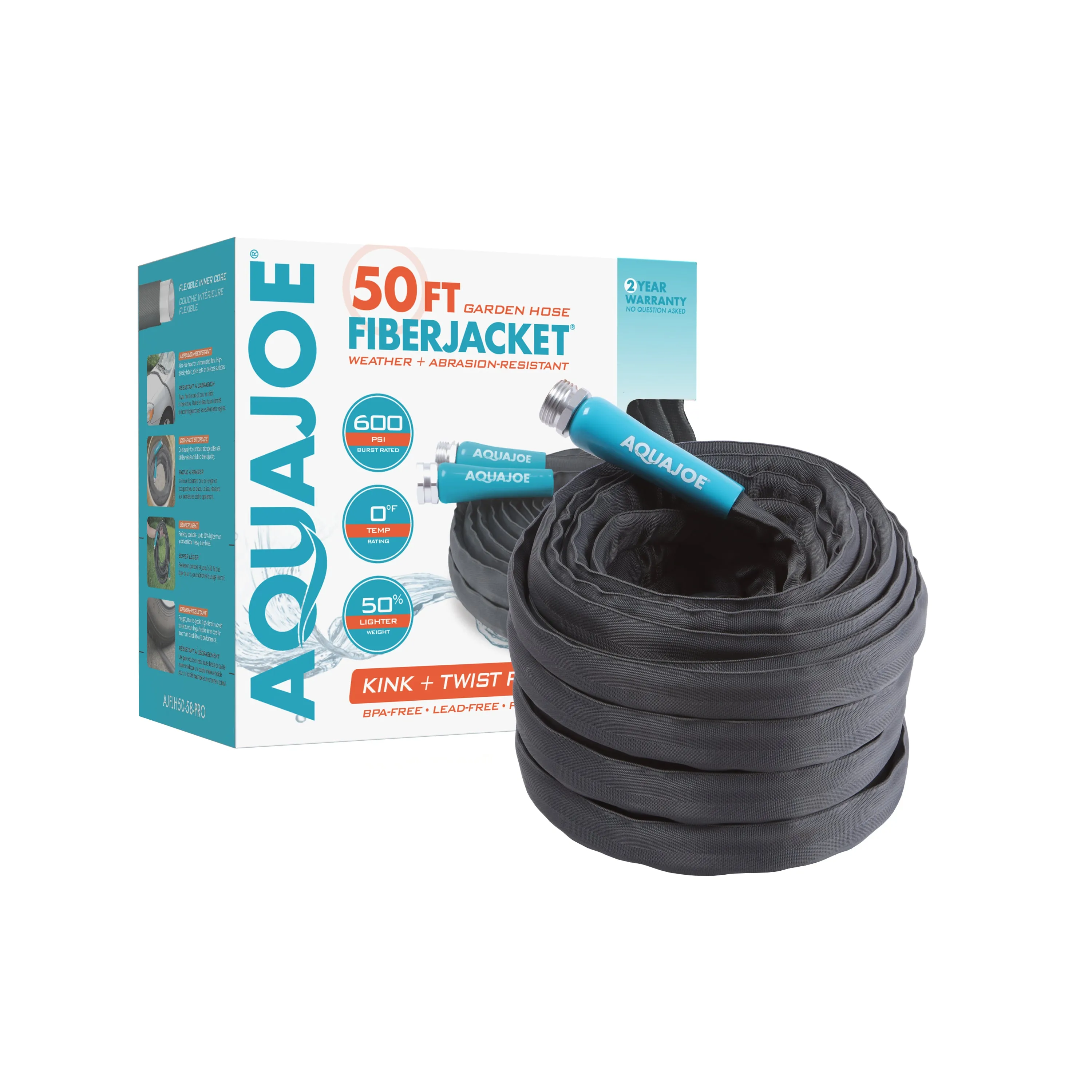 Aqua Joe AJFJH50-58-PRO Ultra Flexible Kink Free Fiberjacket Garden Hose | 50-Foot | Metal Fittings