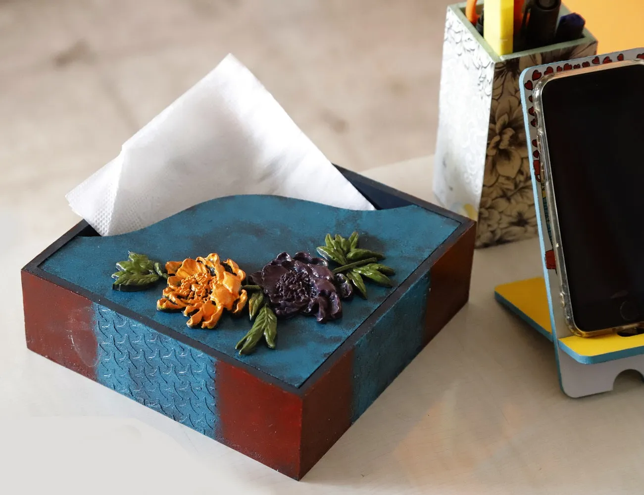 Blue Wooden Square Handmade Tissue Box