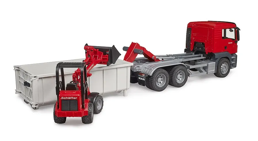 Bruder 3767 MAN TGS Truck with Roll-Off-Container and Schäffer Compact loader 2630