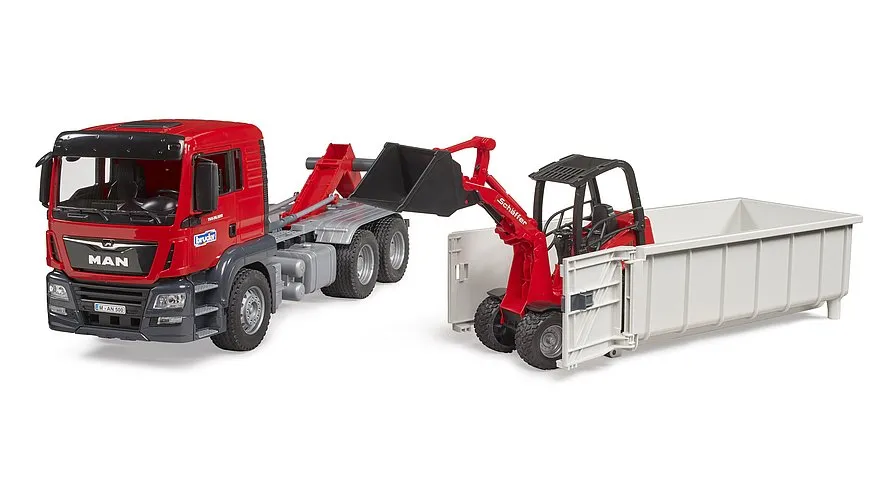 Bruder 3767 MAN TGS Truck with Roll-Off-Container and Schäffer Compact loader 2630