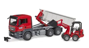 Bruder 3767 MAN TGS Truck with Roll-Off-Container and Schäffer Compact loader 2630