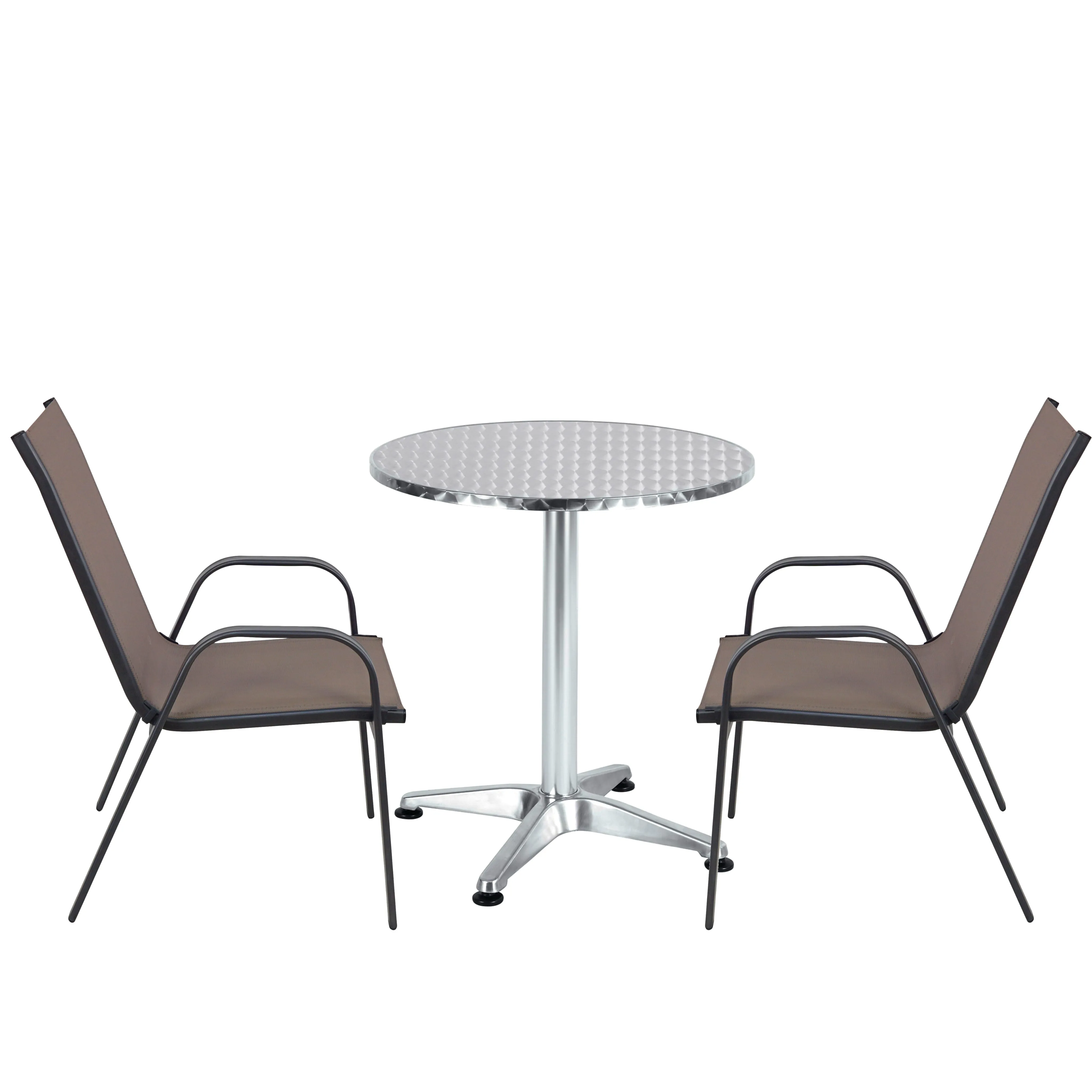 BTExpert Indoor Outdoor 23.75" Round Restaurant Table Stainless Steel Silver Aluminum   2 Brown Flexible Sling Stack Chairs Commercial Lightweight