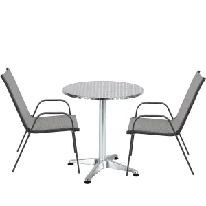 BTExpert Indoor Outdoor 23.75" Round Restaurant Table Stainless Steel Silver Aluminum   2 Gray Flexible Sling Stack Chairs Commercial Lightweight