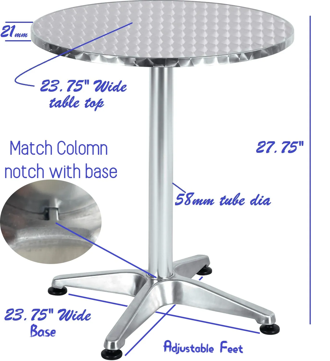 BTExpert Indoor Outdoor 23.75" Round Restaurant Table Stainless Steel Silver Aluminum   2 Gray Flexible Sling Stack Chairs Commercial Lightweight