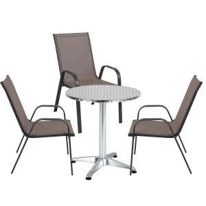 BTExpert Indoor Outdoor 23.75" Round Restaurant Table Stainless Steel Silver Aluminum   3 Brown Flexible Sling Stack Chairs Commercial Lightweight