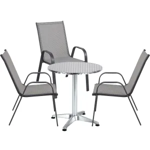 BTExpert Indoor Outdoor 23.75" Round Restaurant Table Stainless Steel Silver Aluminum   3 Gray Flexible Sling Stack Chairs Commercial Lightweight