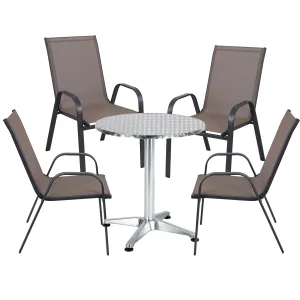 BTExpert Indoor Outdoor 23.75" Round Restaurant Table Stainless Steel Silver Aluminum   4 Brown Flexible Sling Stack Chairs Commercial Lightweight