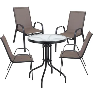 BTExpert Indoor Outdoor 23.75" Round Tempered Glass Metal Table   4 Brown Flexible Sling Stack Chairs Commercial Lightweight