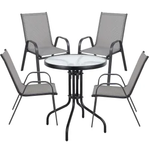 BTExpert Indoor Outdoor 23.75" Round Tempered Glass Metal Table   4 Gray Flexible Sling Stack Chairs Commercial Lightweight