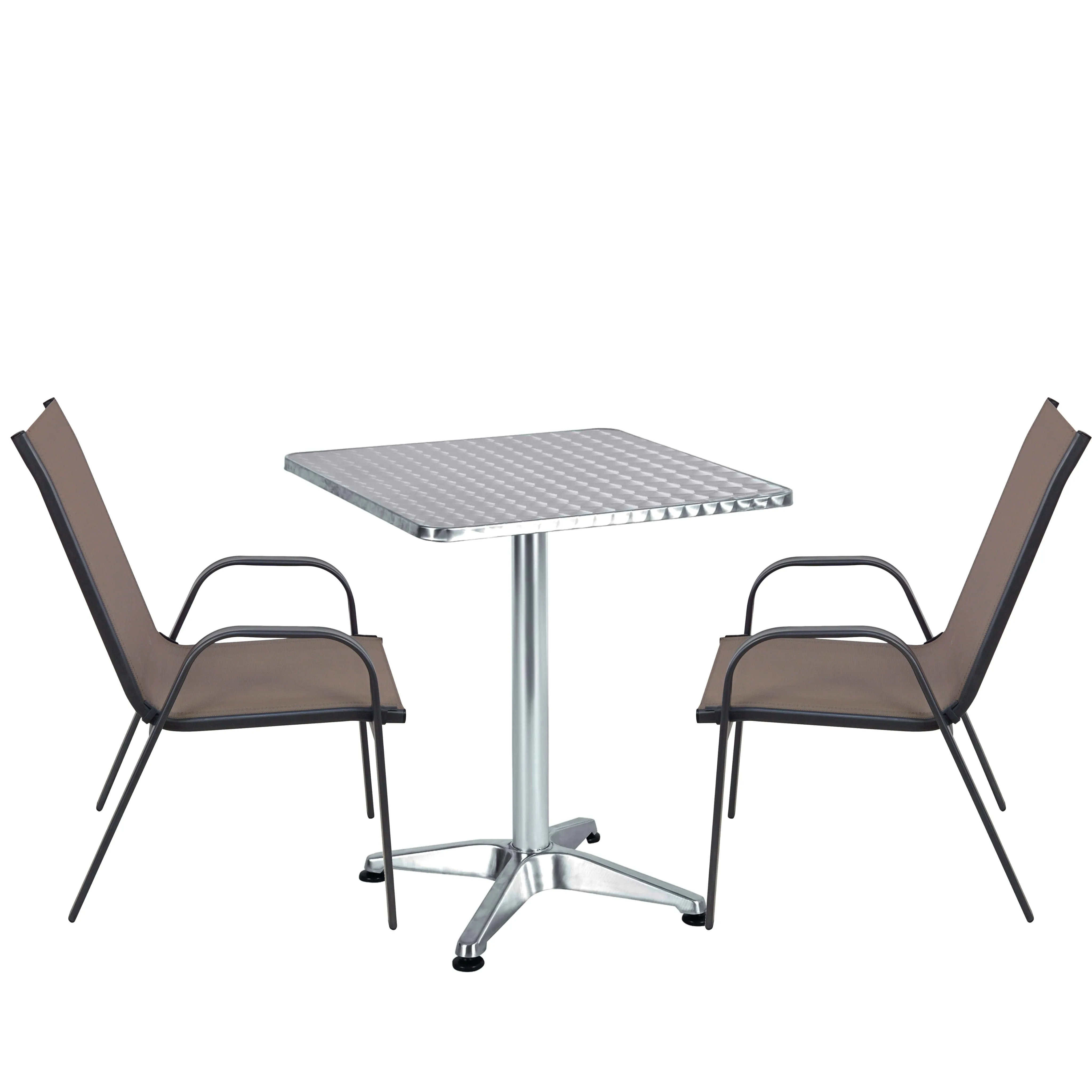 BTExpert Indoor Outdoor 23.75" Square Restaurant Table Stainless Steel Silver Aluminum   2 Brown Flexible Sling Stack Chairs Commercial Lightweight