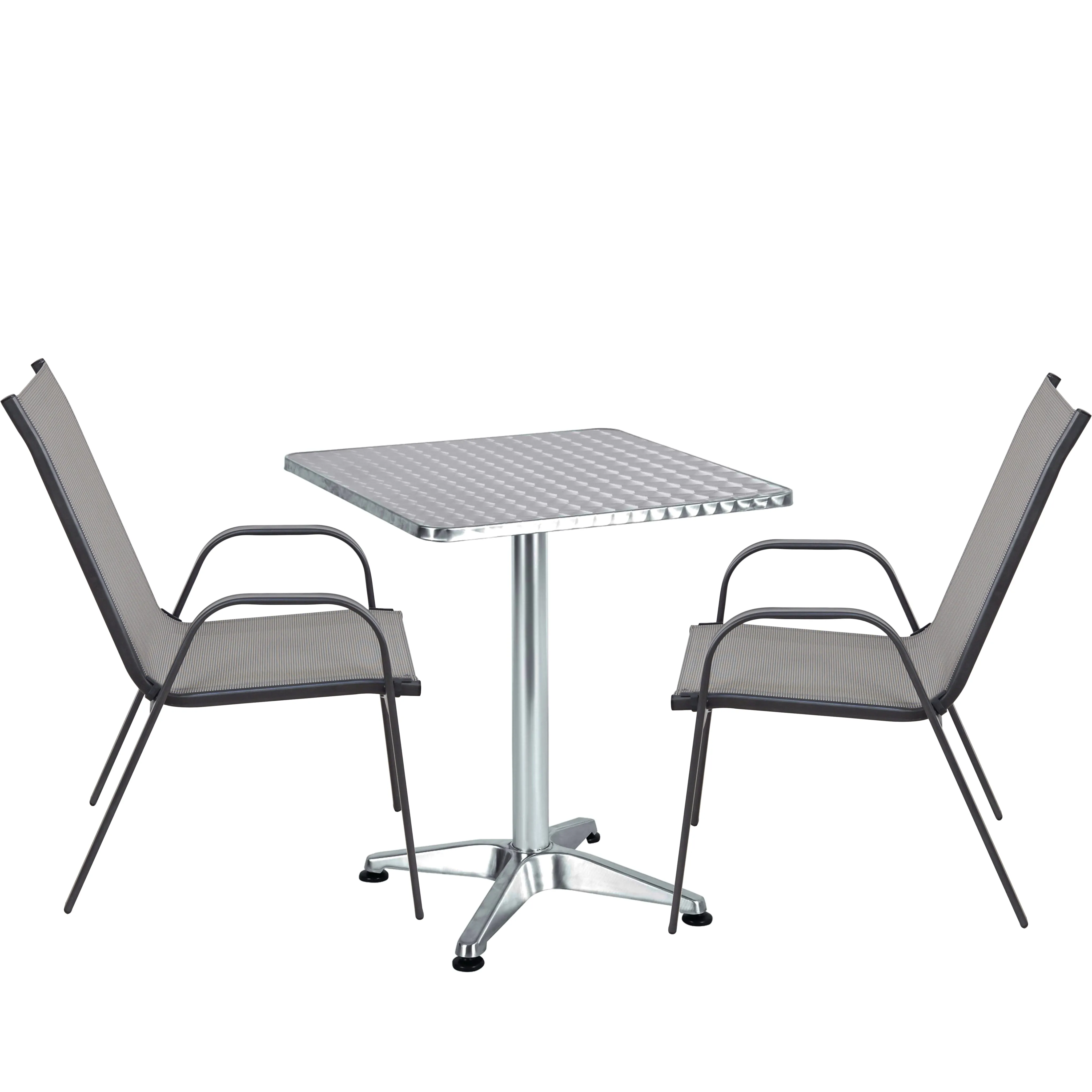 BTExpert Indoor Outdoor 23.75" Square Restaurant Table Stainless Steel Silver Aluminum   2 Gray Flexible Sling Stack Chairs Commercial Lightweight