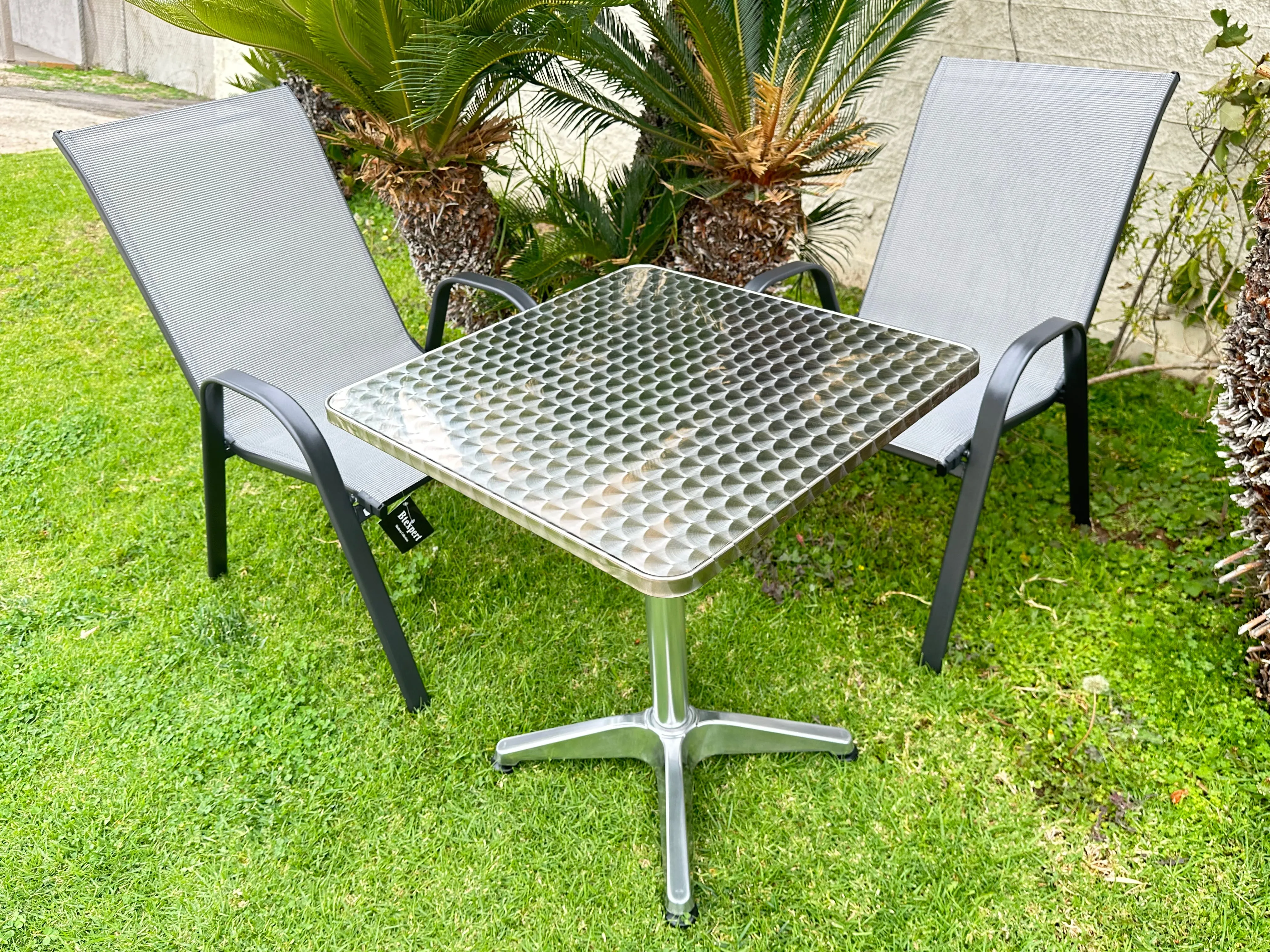 BTExpert Indoor Outdoor 23.75" Square Restaurant Table Stainless Steel Silver Aluminum   2 Gray Flexible Sling Stack Chairs Commercial Lightweight