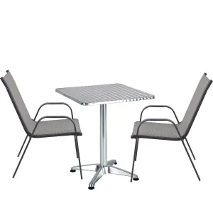 BTExpert Indoor Outdoor 23.75" Square Restaurant Table Stainless Steel Silver Aluminum   2 Gray Flexible Sling Stack Chairs Commercial Lightweight