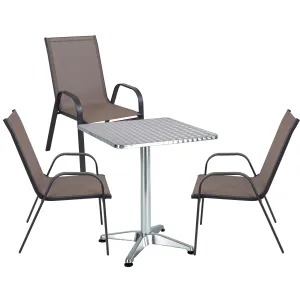 BTExpert Indoor Outdoor 23.75" Square Restaurant Table Stainless Steel Silver Aluminum   3 Brown Flexible Sling Stack Chairs Commercial Lightweight