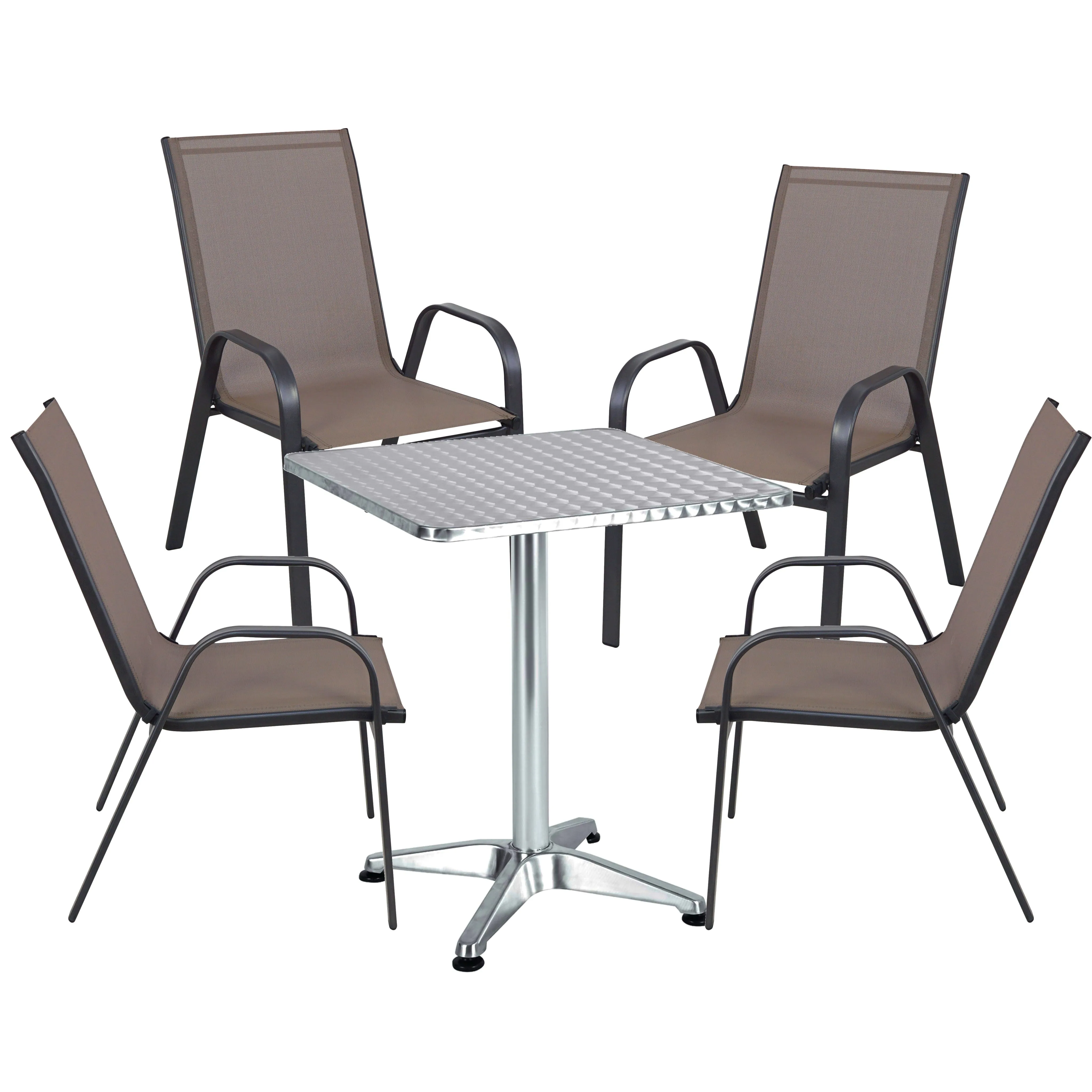 BTExpert Indoor Outdoor 23.75" Square Restaurant Table Stainless Steel Silver Aluminum   4 Brown Flexible Sling Stack Chairs Commercial Lightweight