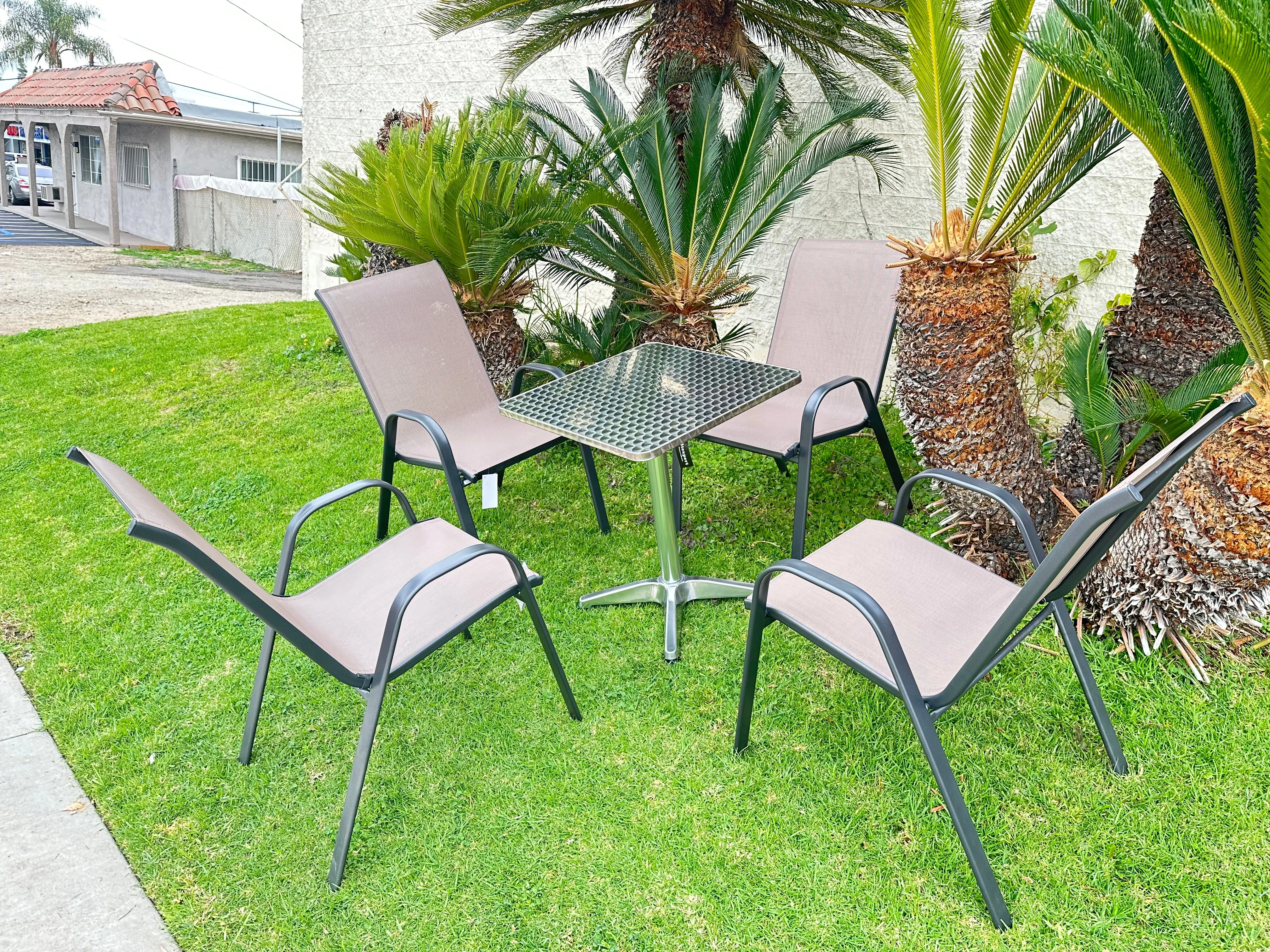 BTExpert Indoor Outdoor 23.75" Square Restaurant Table Stainless Steel Silver Aluminum   4 Brown Flexible Sling Stack Chairs Commercial Lightweight