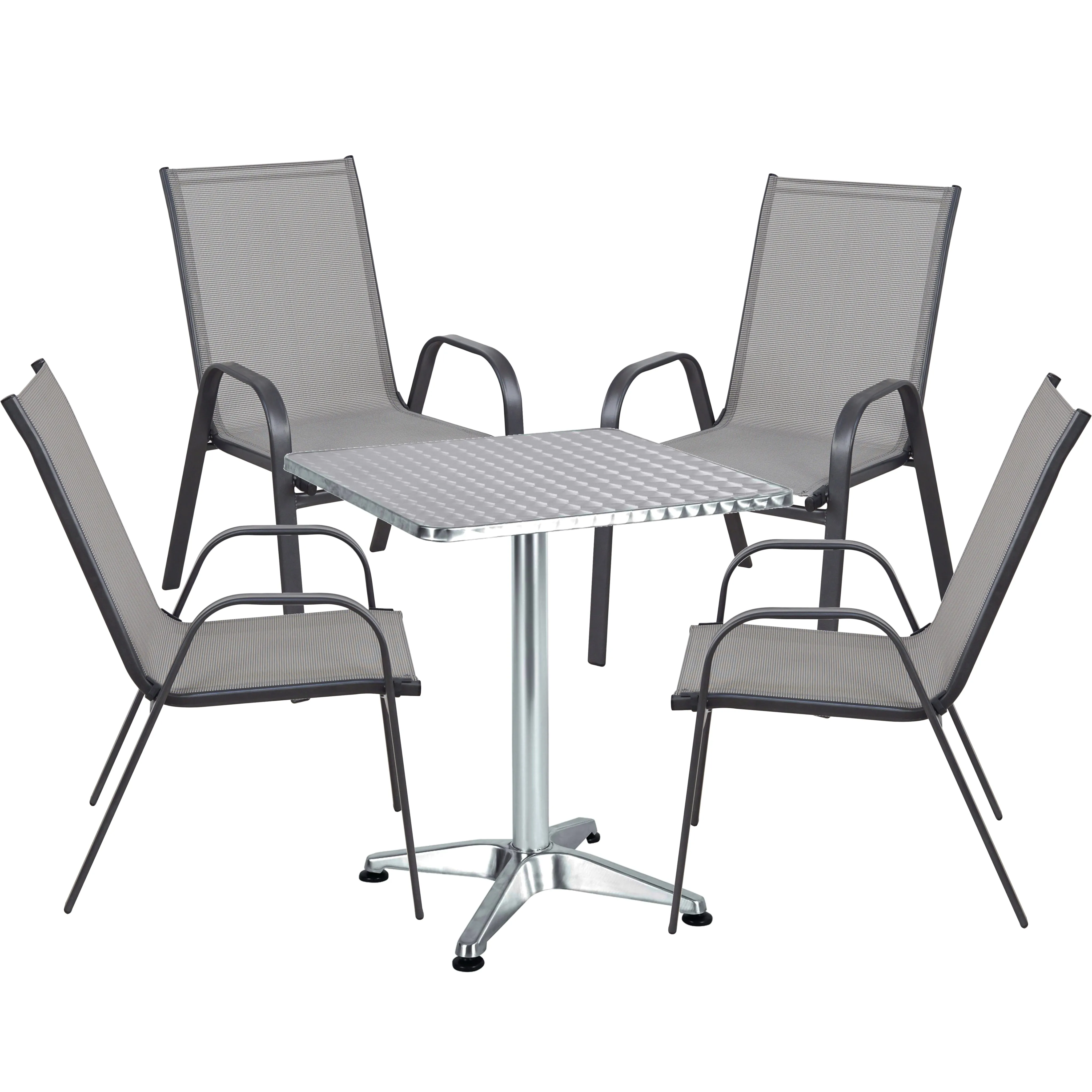 BTExpert Indoor Outdoor 23.75" Square Restaurant Table Stainless Steel Silver Aluminum   4 Gray Flexible Sling Stack Chairs Commercial Lightweight