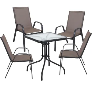 BTExpert Indoor Outdoor 23.75" Square Tempered Glass Metal Table   4 Brown Flexible Sling Stack Chairs Commercial Lightweight