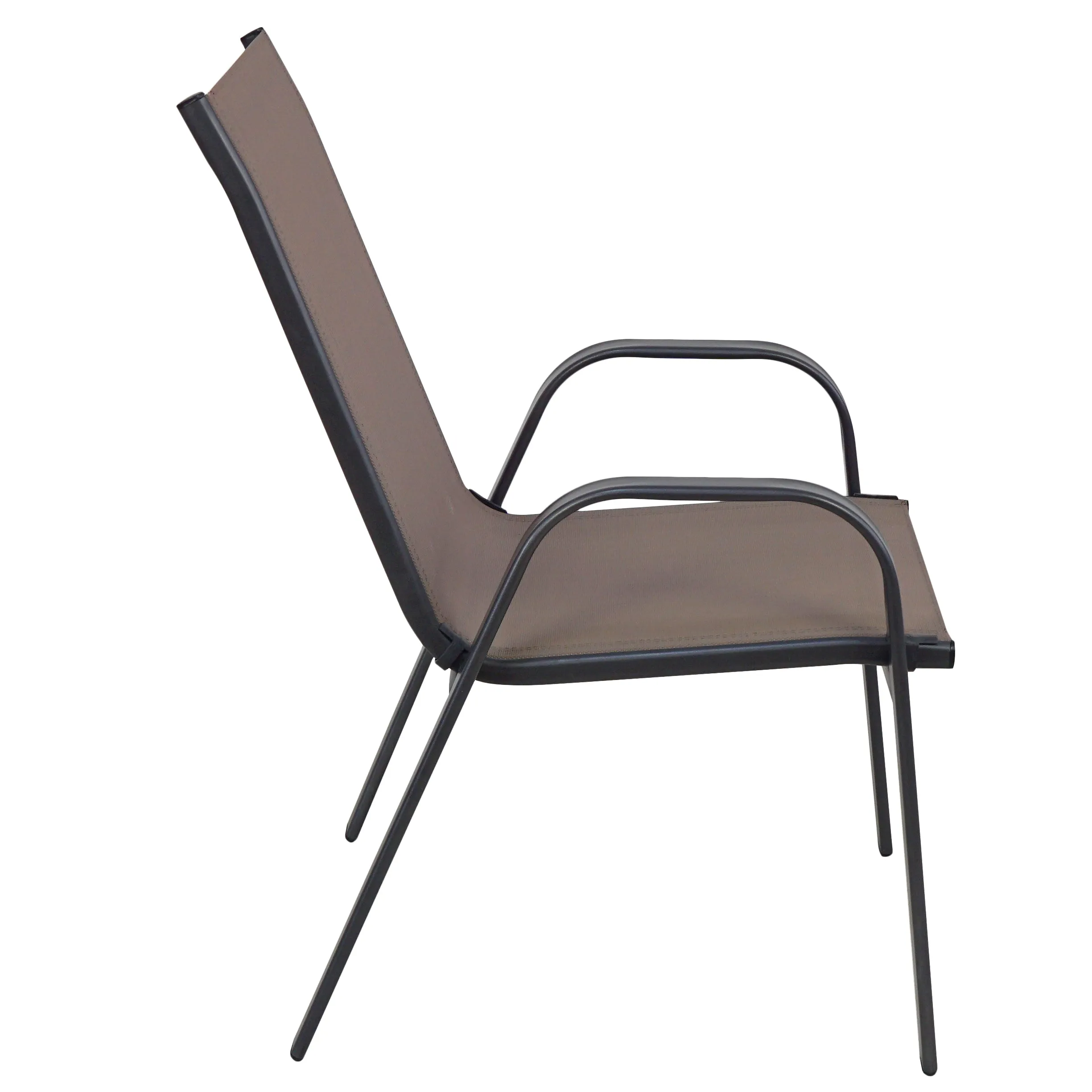 BTExpert Indoor Outdoor 23.75" Square Tempered Glass Metal Table   4 Brown Flexible Sling Stack Chairs Commercial Lightweight