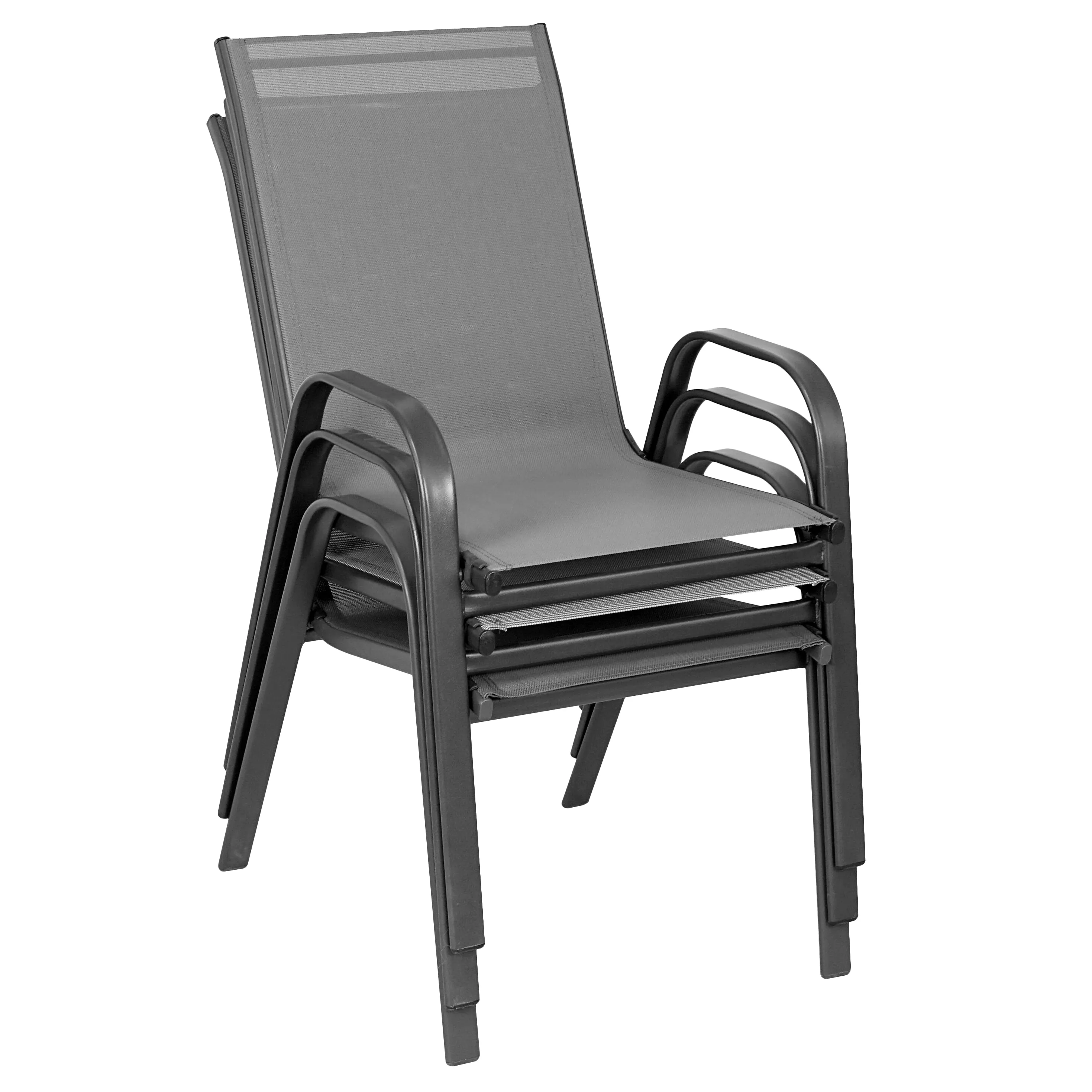 BTExpert Indoor Outdoor 23.75" Square Tempered Glass Metal Table   4 Gray Flexible Sling Stack Chairs Commercial Lightweight