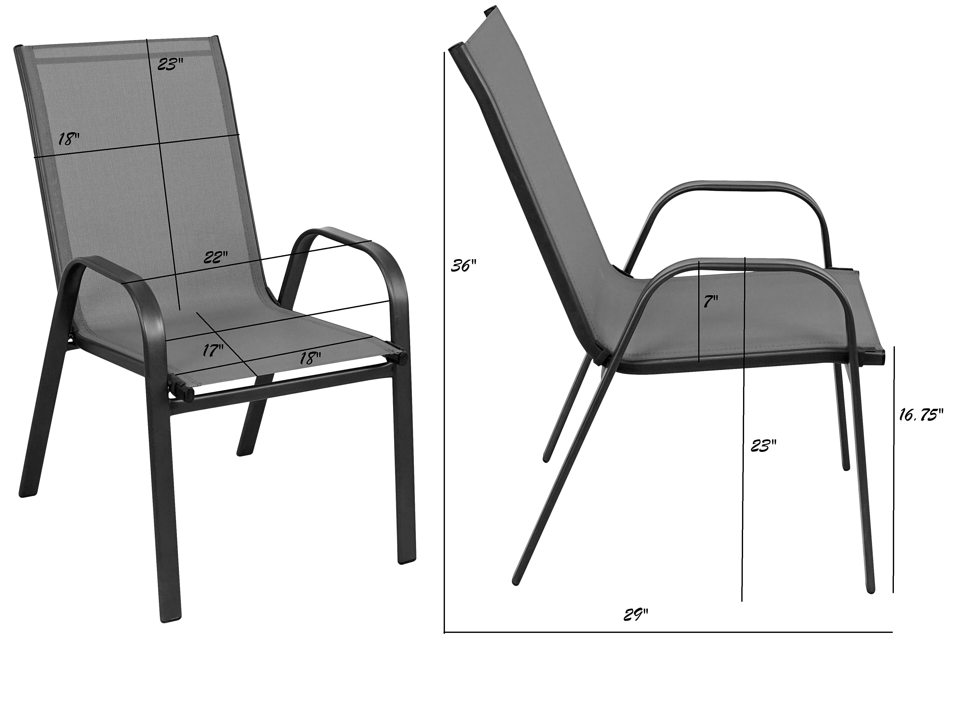 BTExpert Indoor Outdoor 23.75" Square Tempered Glass Metal Table   4 Gray Flexible Sling Stack Chairs Commercial Lightweight