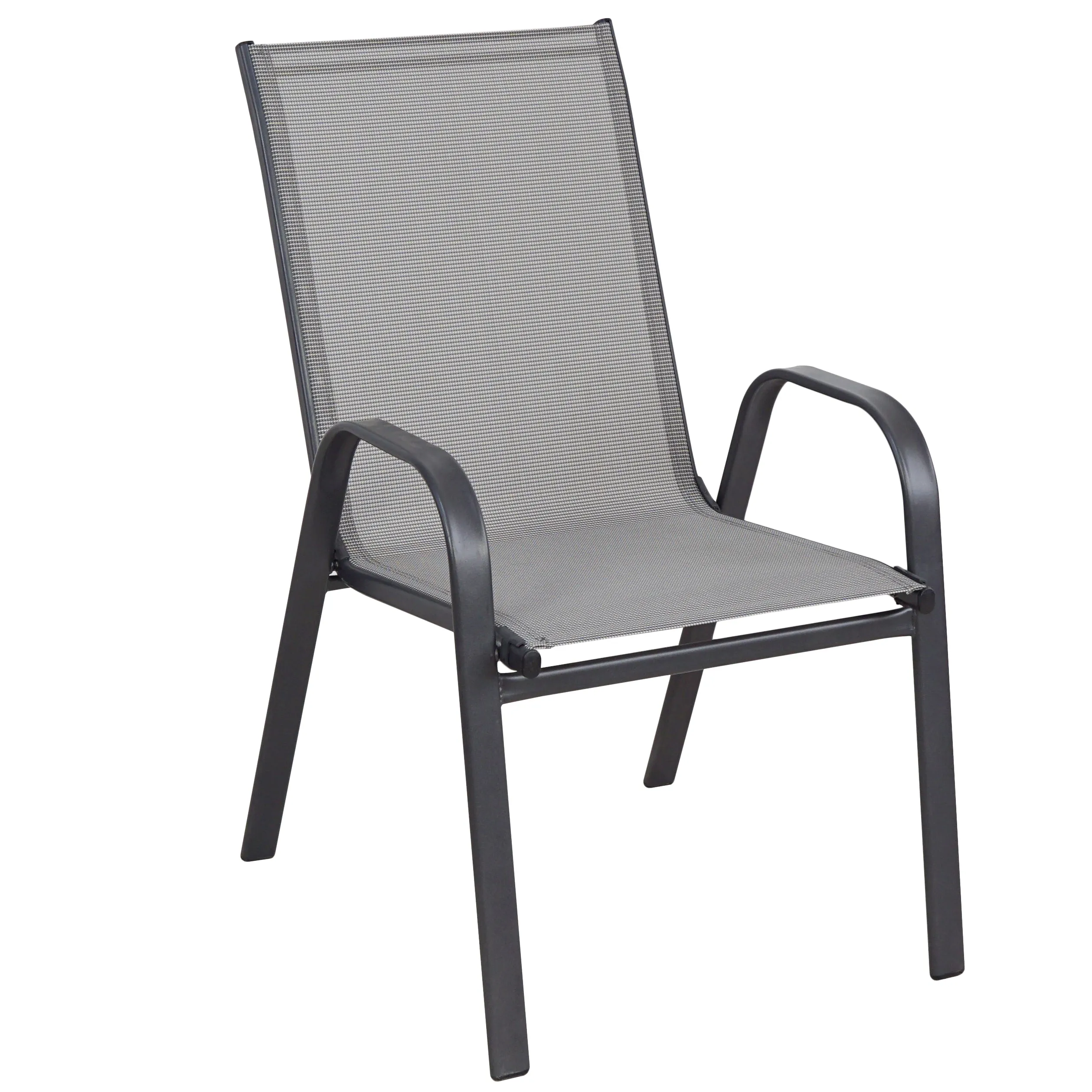 BTExpert Indoor Outdoor 23.75" Square Tempered Glass Metal Table   4 Gray Flexible Sling Stack Chairs Commercial Lightweight