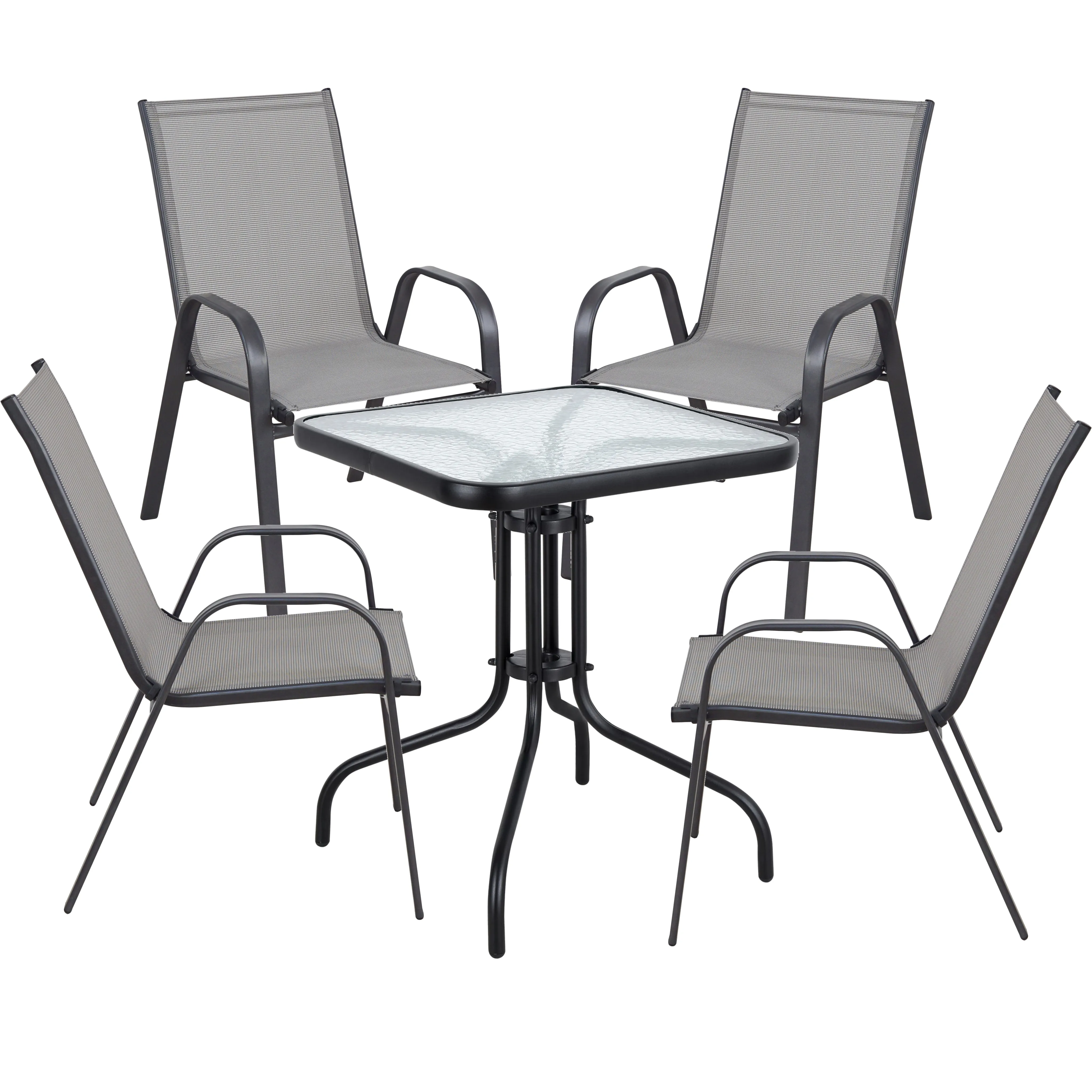 BTExpert Indoor Outdoor 23.75" Square Tempered Glass Metal Table   4 Gray Flexible Sling Stack Chairs Commercial Lightweight