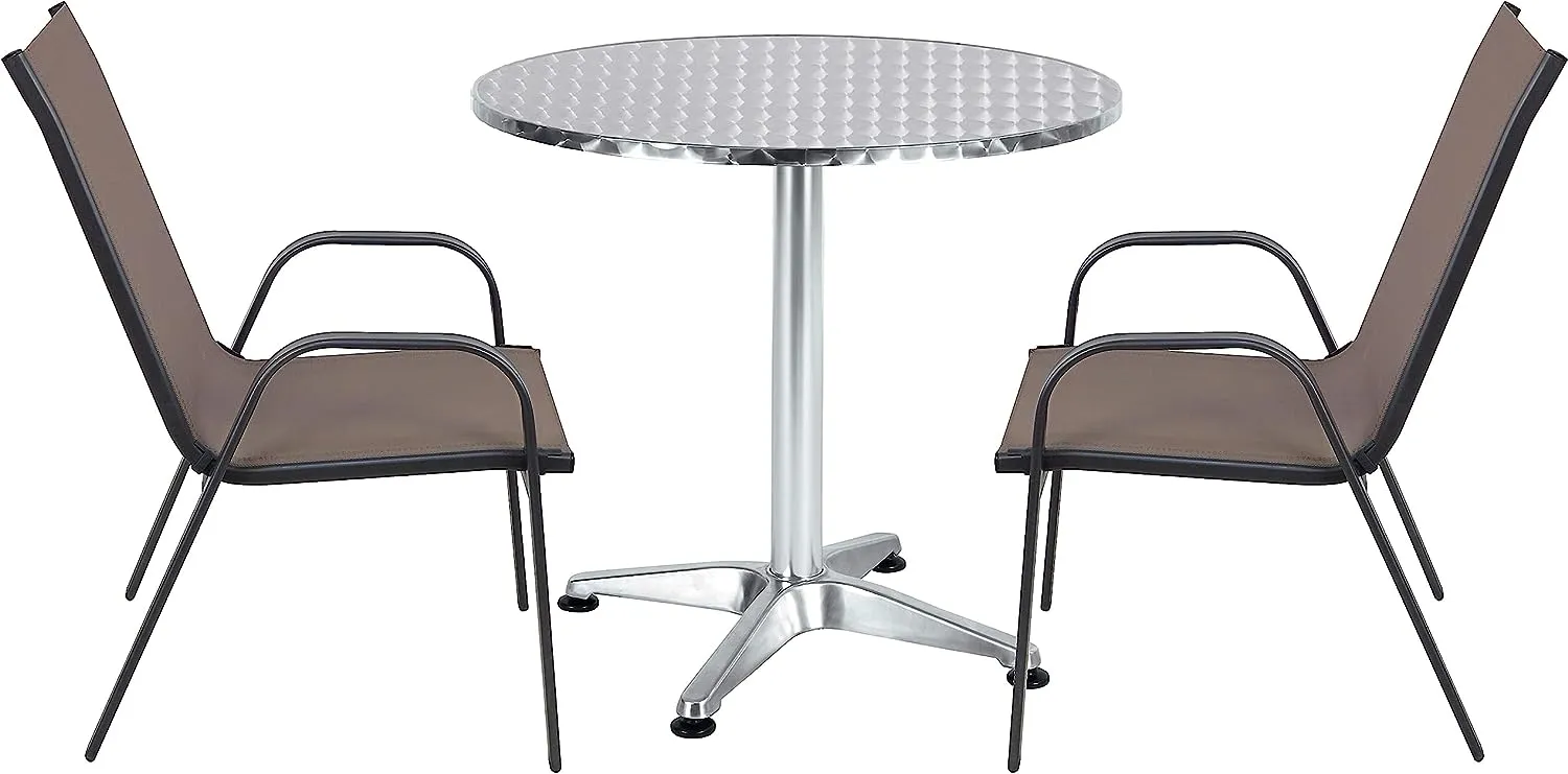 BTExpert Indoor Outdoor 27.5" Round Restaurant Table Stainless Steel Silver Aluminum   2 Brown Flexible Sling Stack Chairs Commercial Lightweight