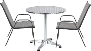 BTExpert Indoor Outdoor 27.5" Round Restaurant Table Stainless Steel Silver Aluminum   2 Gray Flexible Sling Stack Chairs Commercial Lightweight