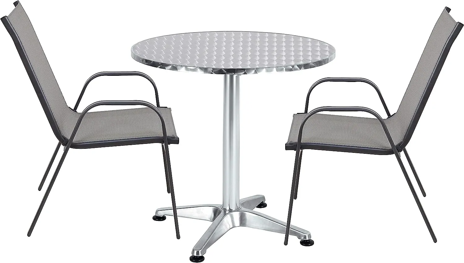 BTExpert Indoor Outdoor 27.5" Round Restaurant Table Stainless Steel Silver Aluminum   2 Gray Flexible Sling Stack Chairs Commercial Lightweight