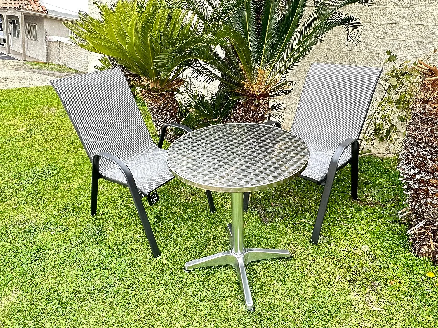 BTExpert Indoor Outdoor 27.5" Round Restaurant Table Stainless Steel Silver Aluminum   2 Gray Flexible Sling Stack Chairs Commercial Lightweight