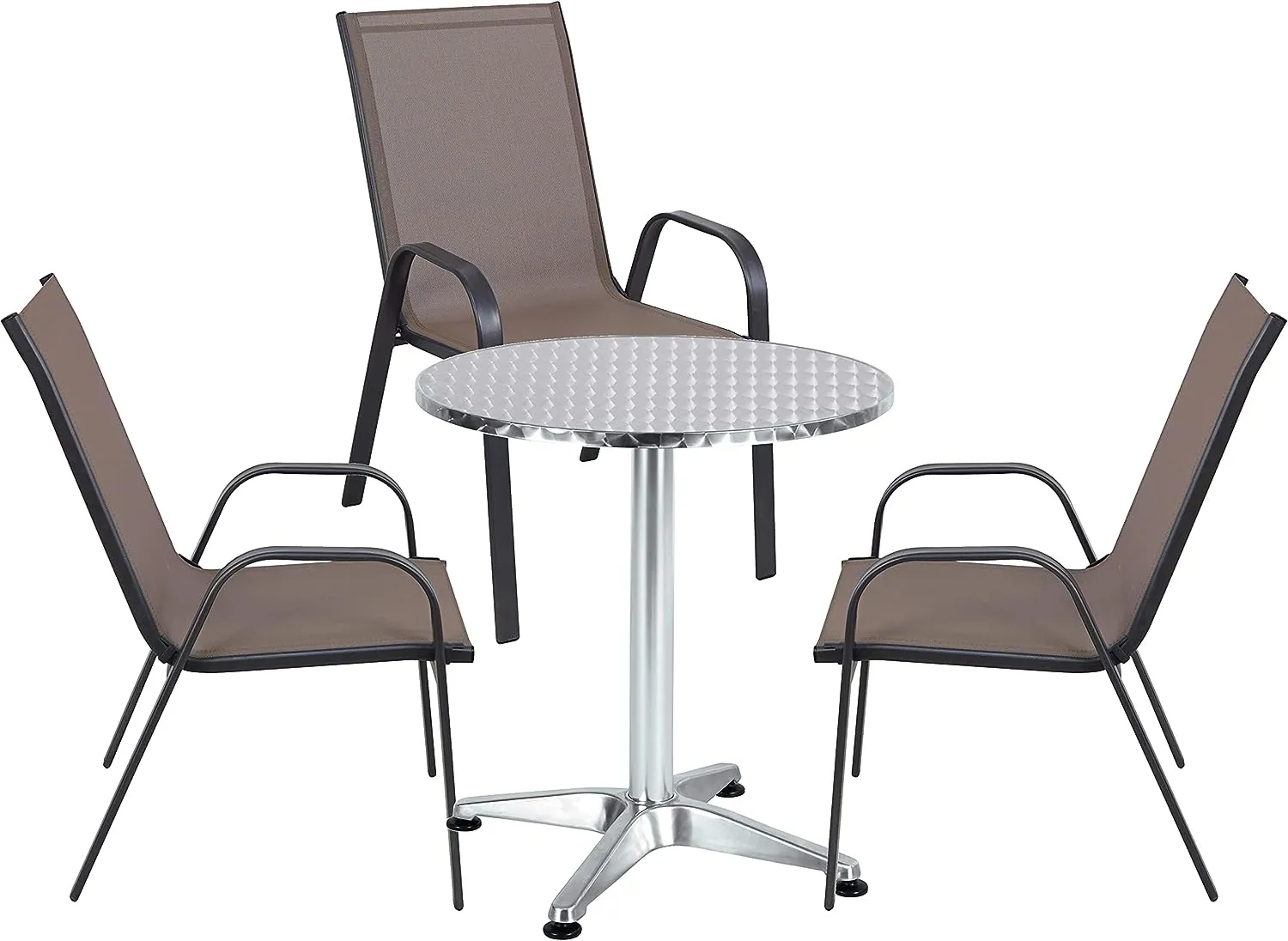 BTExpert Indoor Outdoor 27.5" Round Restaurant Table Stainless Steel Silver Aluminum   3 Brown Flexible Sling Stack Chairs Commercial Lightweight