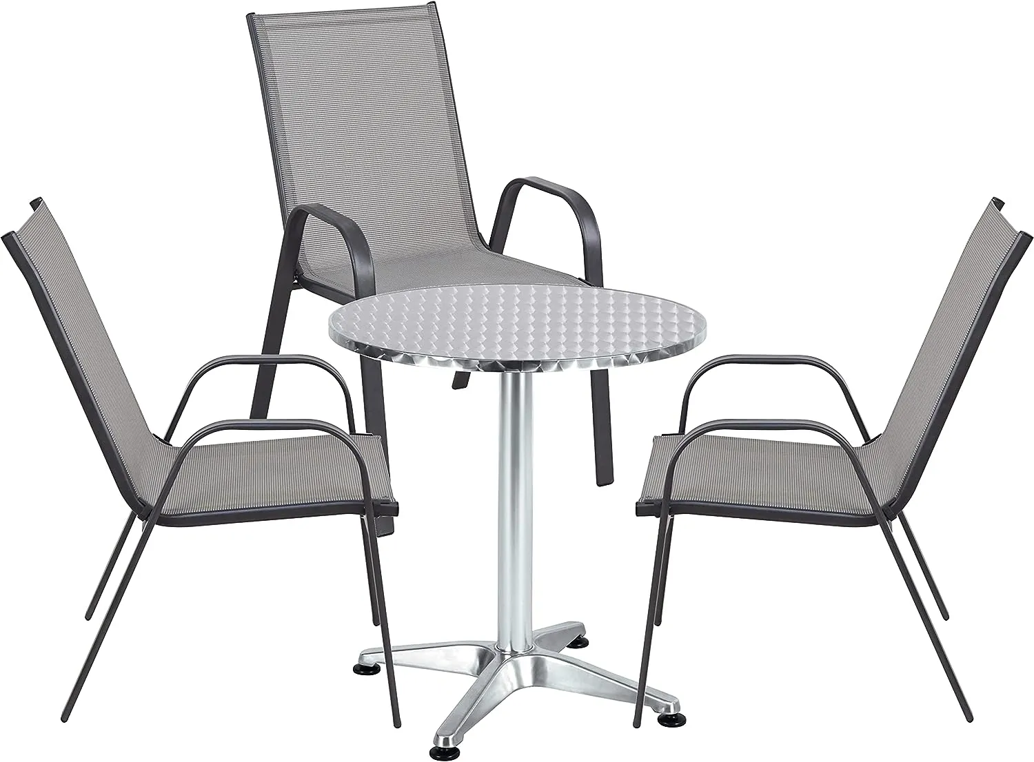 BTExpert Indoor Outdoor 27.5" Round Restaurant Table Stainless Steel Silver Aluminum   3 Gray Flexible Sling Stack Chairs Commercial Lightweight