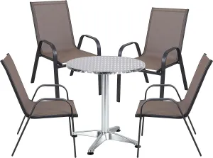 BTExpert Indoor Outdoor 27.5" Round Restaurant Table Stainless Steel Silver Aluminum   4 Brown Flexible Sling Stack Chairs Commercial Lightweight