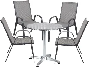 BTExpert Indoor Outdoor 27.5" Round Restaurant Table Stainless Steel Silver Aluminum   4 Gray Flexible Sling Stack Chairs Commercial Lightweight