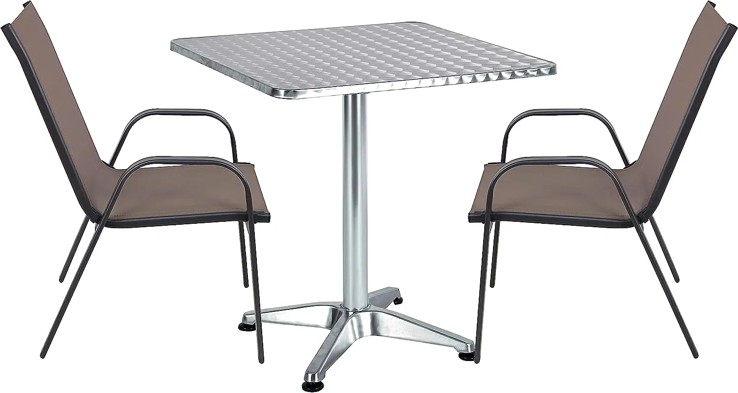 BTExpert Indoor Outdoor 27.5" Square Restaurant Table Stainless Steel Silver Aluminum   2 Brown Flexible Sling Stack Chairs Commercial Lightweight