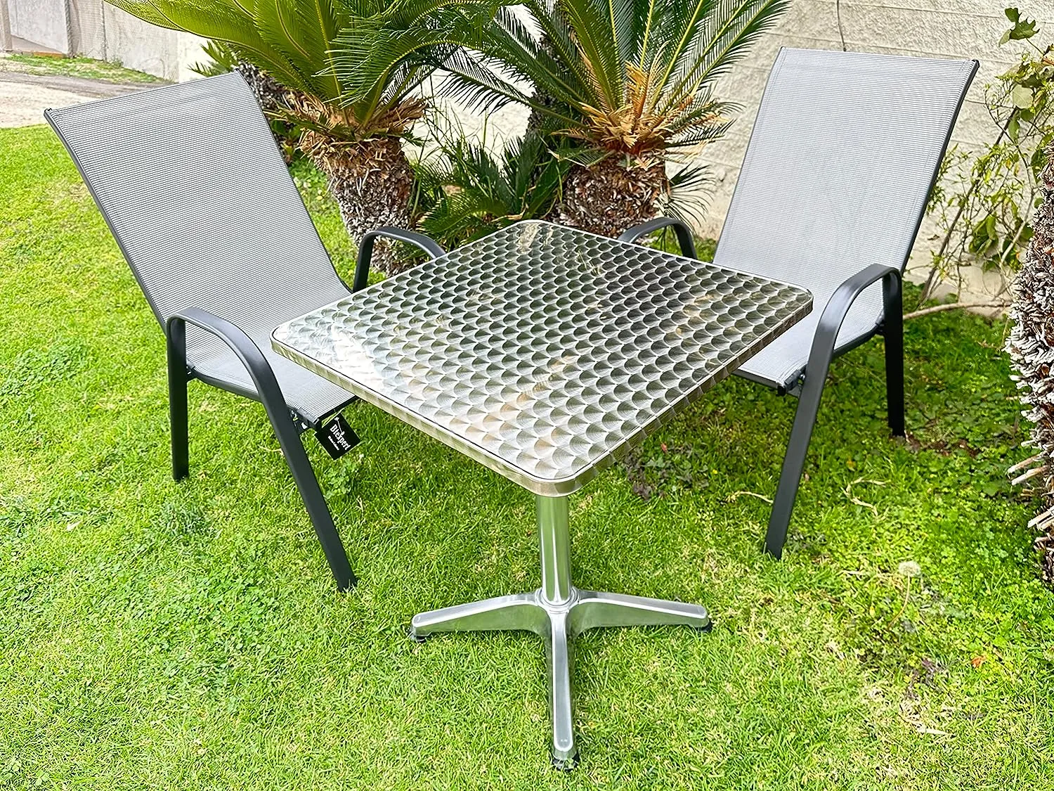 BTExpert Indoor Outdoor 27.5" Square Restaurant Table Stainless Steel Silver Aluminum   2 Gray Flexible Sling Stack Chairs Commercial Lightweight