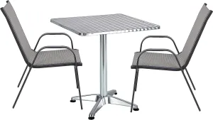 BTExpert Indoor Outdoor 27.5" Square Restaurant Table Stainless Steel Silver Aluminum   2 Gray Flexible Sling Stack Chairs Commercial Lightweight