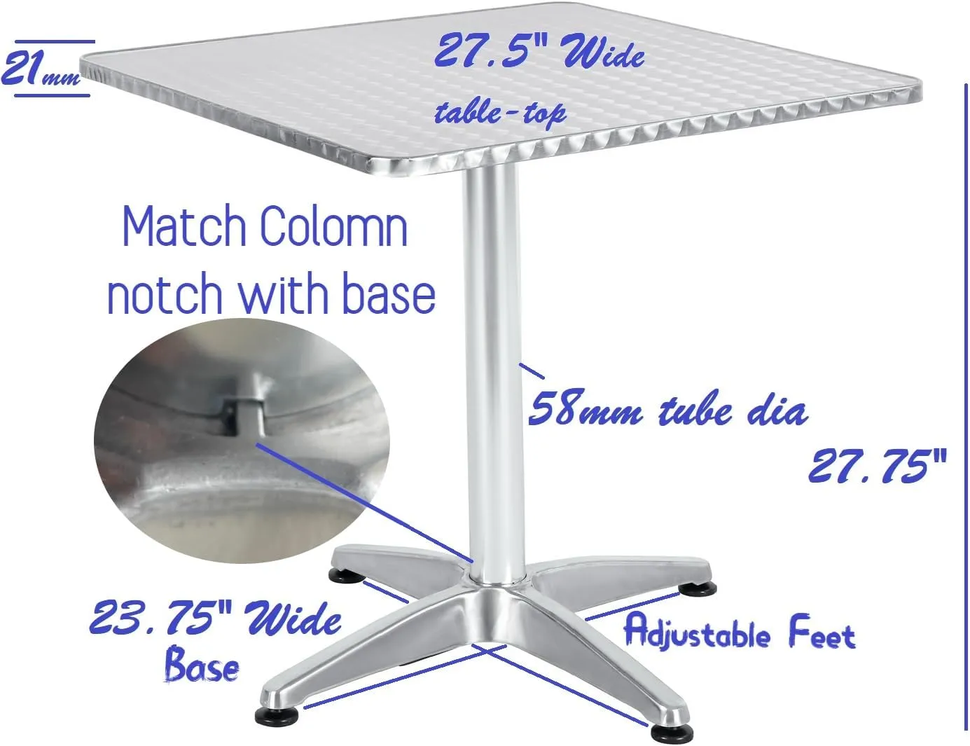 BTExpert Indoor Outdoor 27.5" Square Restaurant Table Stainless Steel Silver Aluminum   2 Gray Flexible Sling Stack Chairs Commercial Lightweight