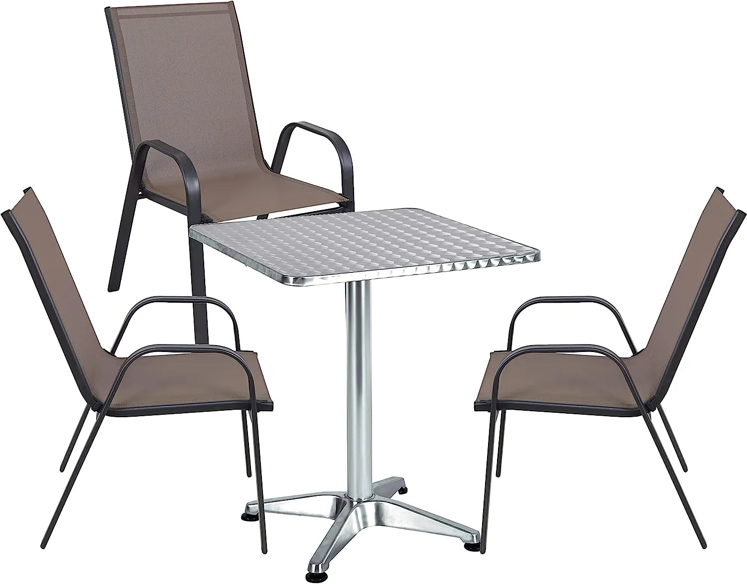 BTExpert Indoor Outdoor 27.5" Square Restaurant Table Stainless Steel Silver Aluminum   3 Brown Flexible Sling Stack Chairs Commercial Lightweight