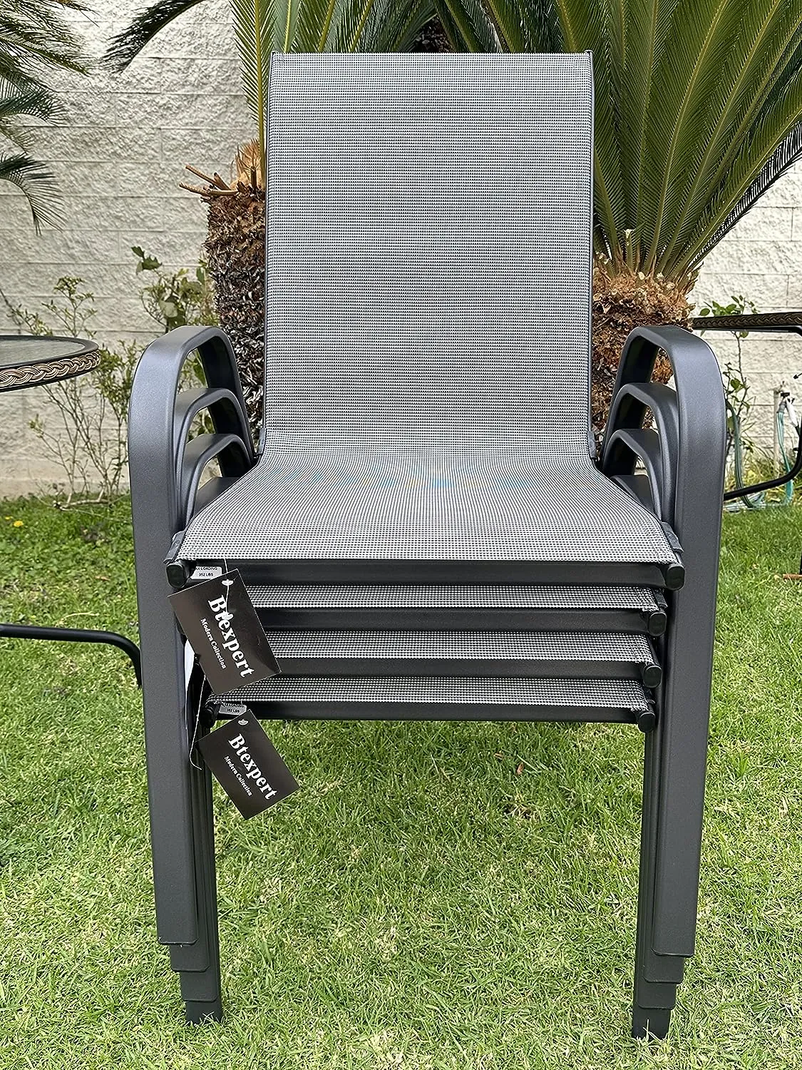 BTExpert Indoor Outdoor 27.5" Square Restaurant Table Stainless Steel Silver Aluminum   3 Gray Flexible Sling Stack Chairs Commercial Lightweight