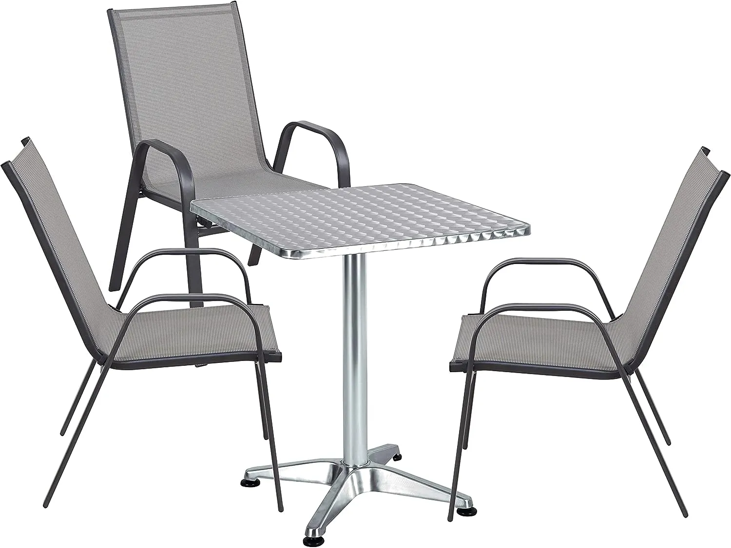 BTExpert Indoor Outdoor 27.5" Square Restaurant Table Stainless Steel Silver Aluminum   3 Gray Flexible Sling Stack Chairs Commercial Lightweight