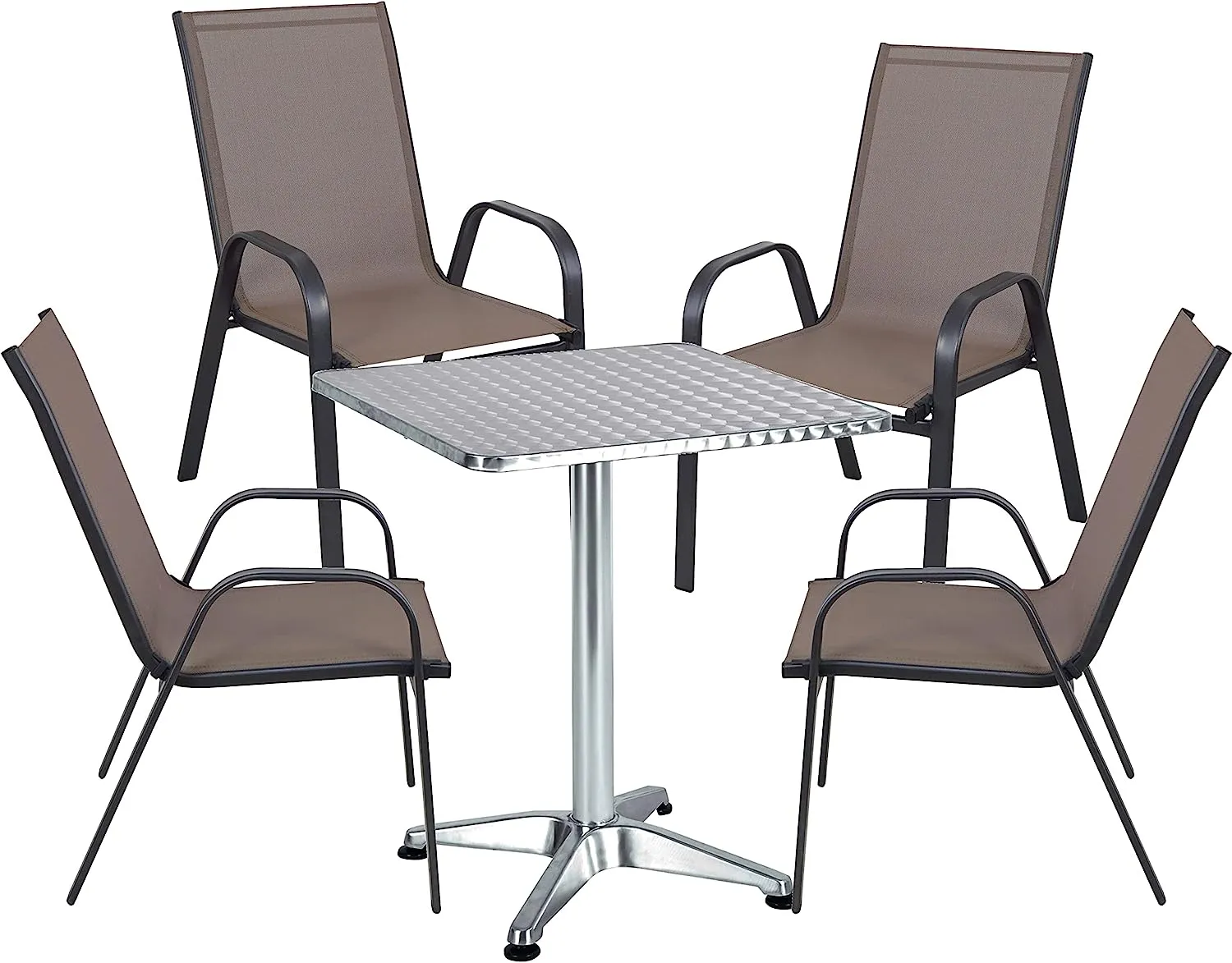 BTExpert Indoor Outdoor 27.5" Square Restaurant Table Stainless Steel Silver Aluminum   4 Brown Flexible Sling Stack Chairs Commercial Lightweight