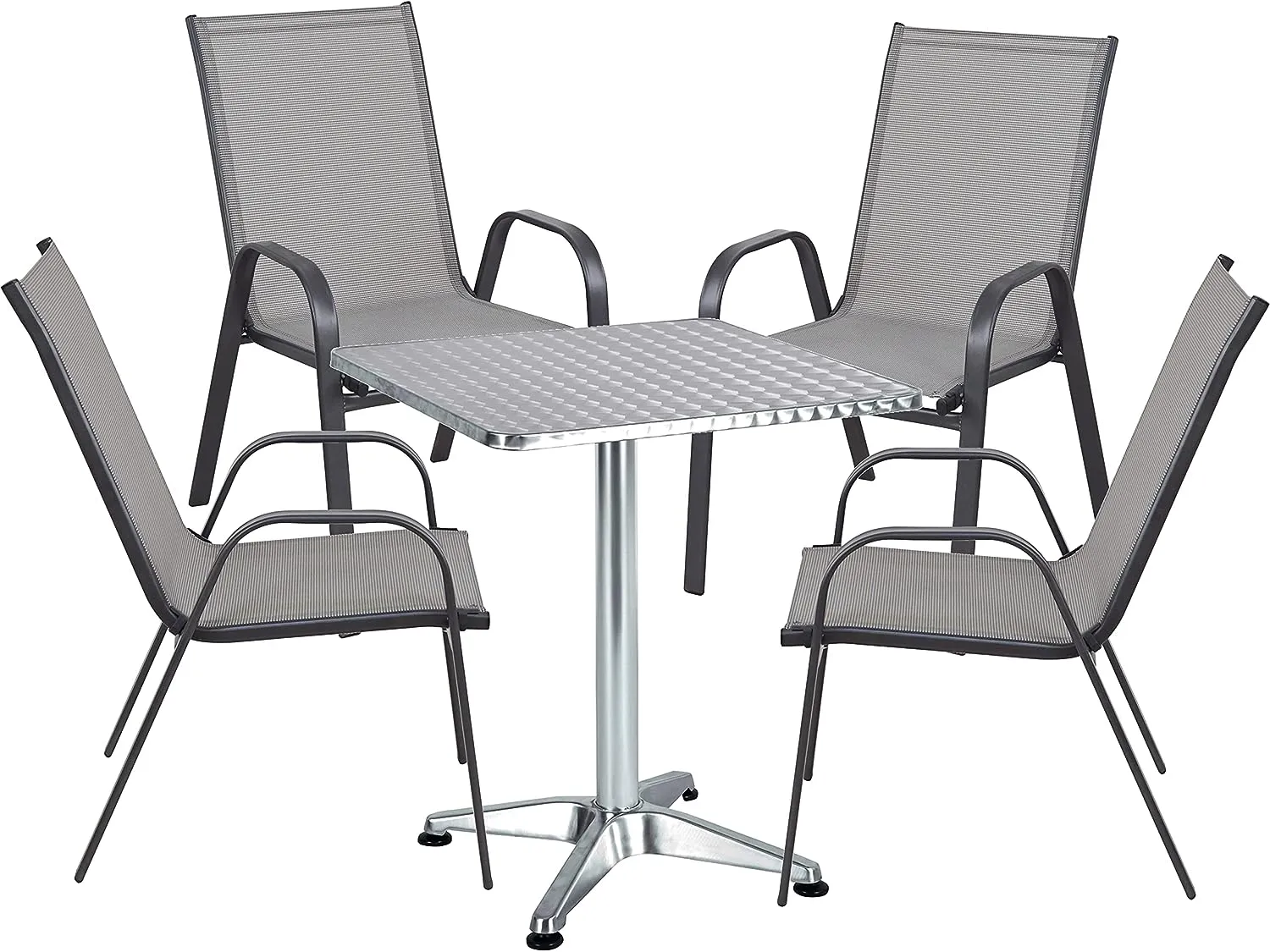 BTExpert Indoor Outdoor 27.5" Square Restaurant Table Stainless Steel Silver Aluminum   4 Gray Flexible Sling Stack Chairs Commercial Lightweight